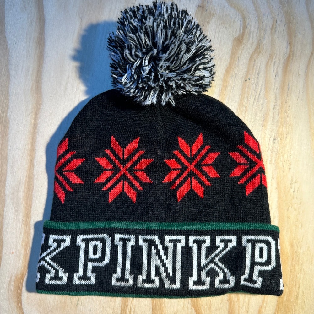 Victorias Secret PINK Black Snowflake Knit Pom Pom Beanie Hat OS